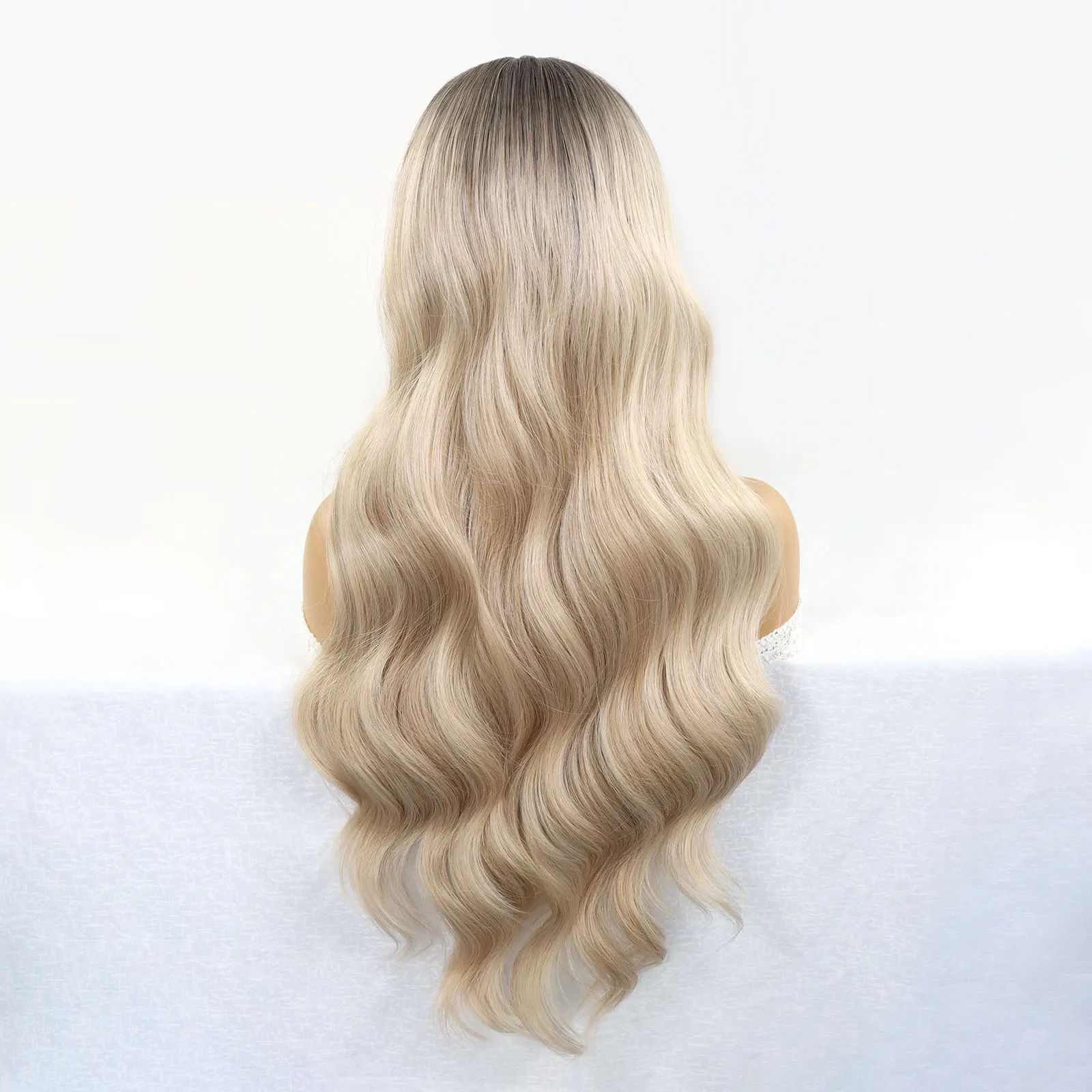 Ombre Ash Blonde Lace Front Wigs Women Wave Wavy Colored 13x3 Dark Roots Glueless Synthetic Wig Daily Use
