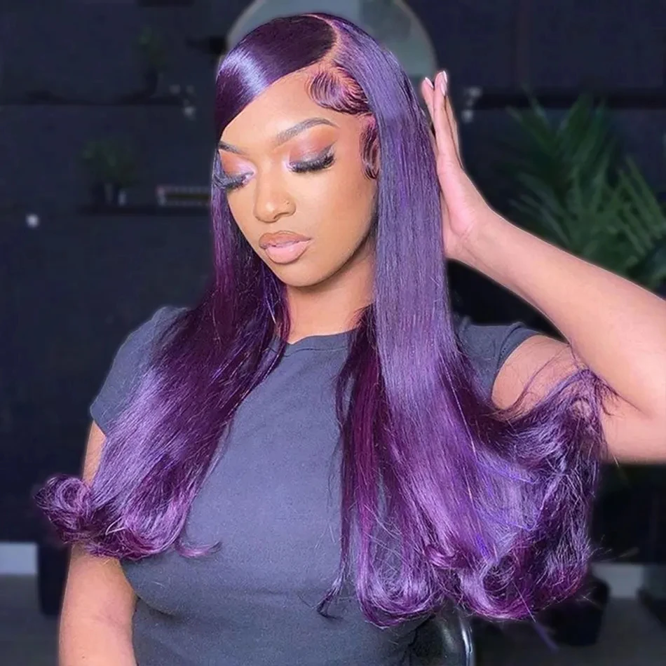 Dark Purple Straight Lace Front Wig 13x6 Transparent Lace Frontal Wig Purple Colored Lace Human Hair Pre plucked 5x5 Closure Wig