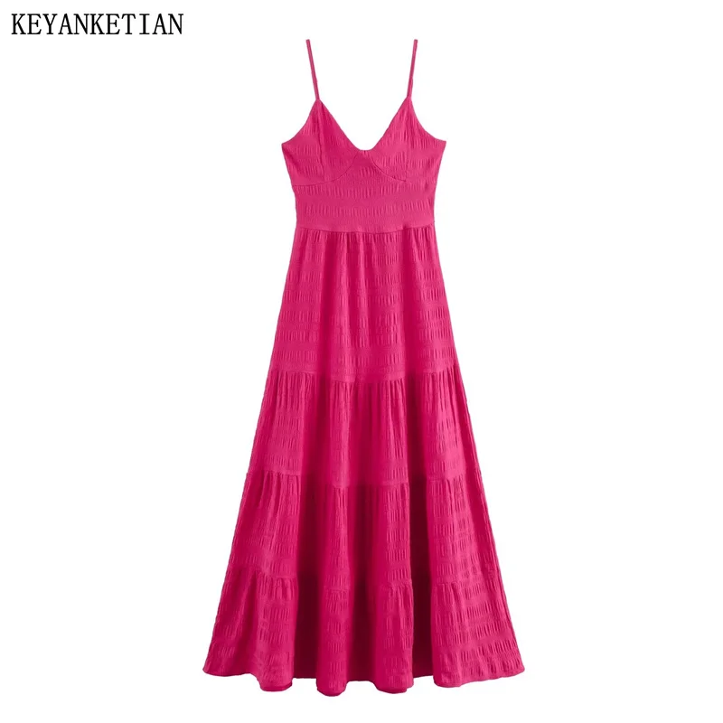 

Новинка 2024, женское платье KEYANKETIAN с текстурированной тканью, розово-красное платье с лямкой на шее, праздничные многоярусные облегающие бандажные платья миди с открытой спиной
