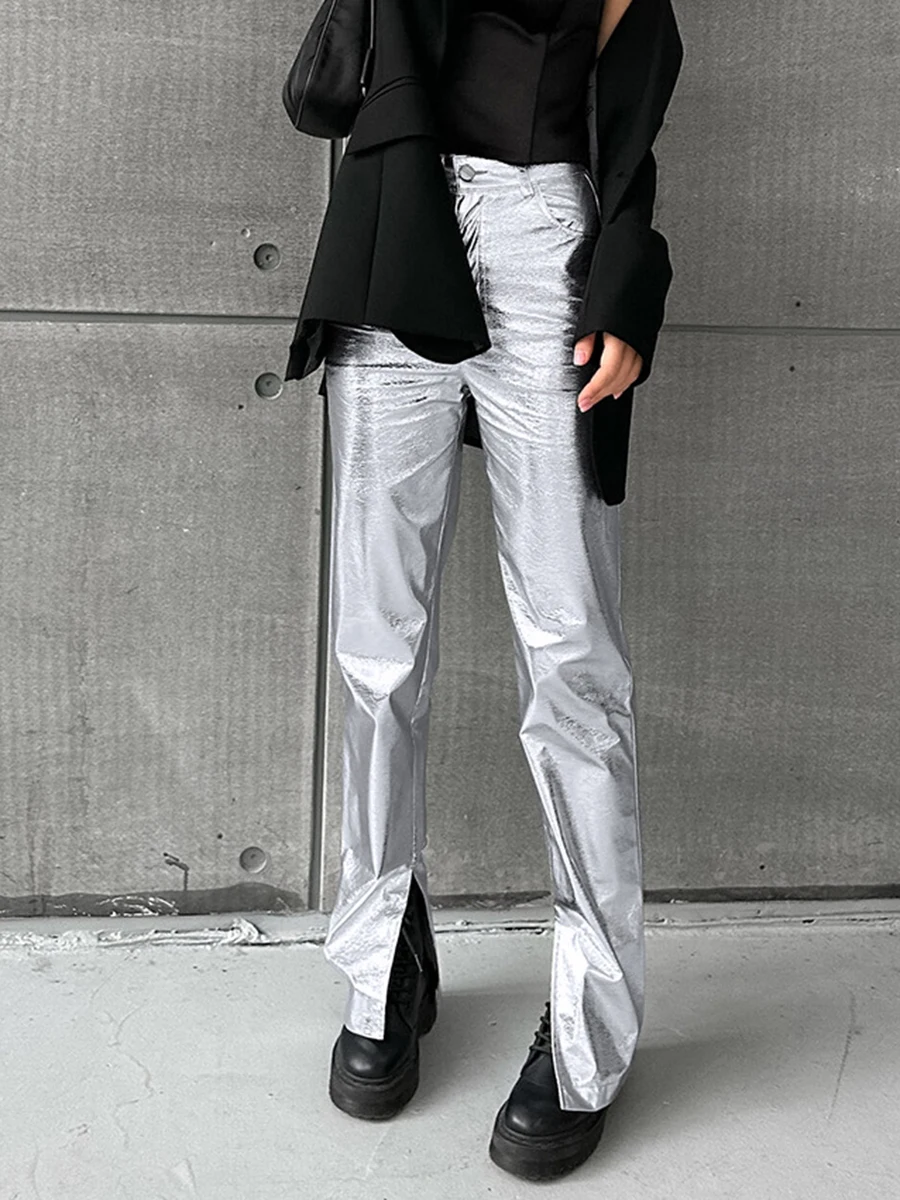 

Split Solid Silver Women Maxi Pants 2023 Summer High Waist Straight Slim Trousers For Woman Fashion Parties Female Long Pant New
