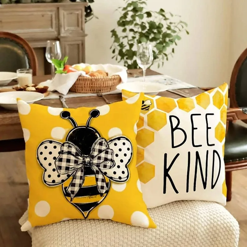 Bee & Letter Graphic Throw Pillow Cover 1pcs Set Without Filler Cartoon Cute Decorative For Living Room Home Decor