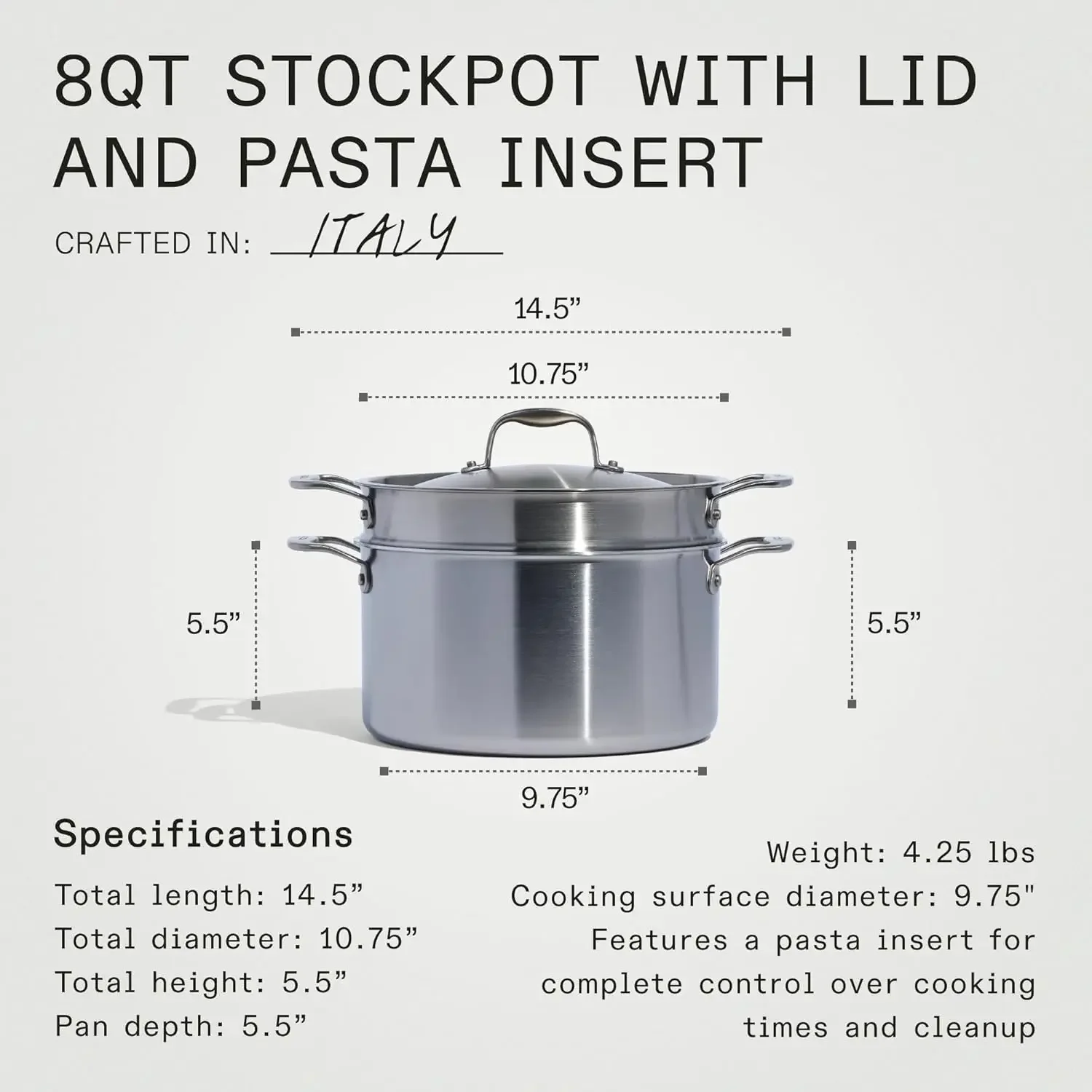 NEW-8 Quart Stainless Steel Stock Pot With Lid and Pasta Insert - 5 Ply Stainless Clad - Professional Cookware - Crafted