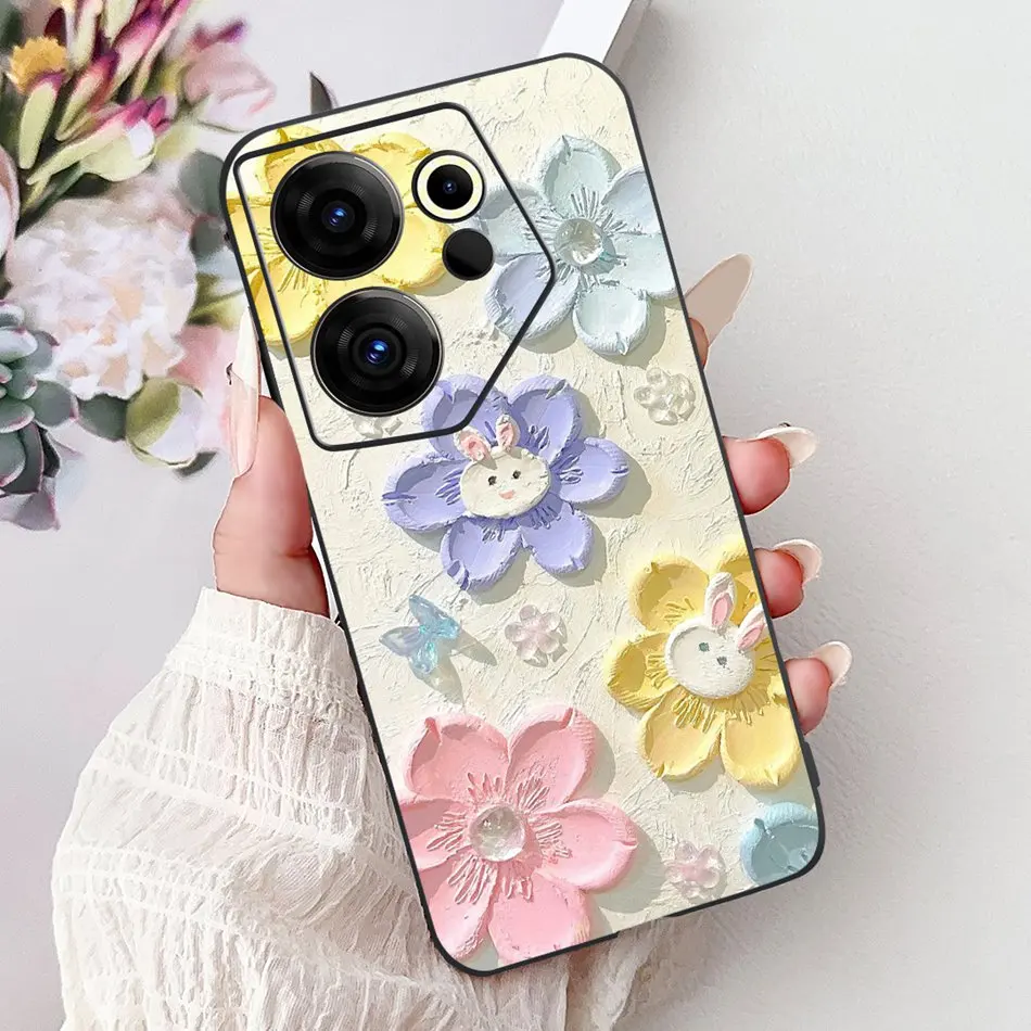 Tecno Camon 20 Premier Elegant Floral Cat Design Black Silicone Phone Case