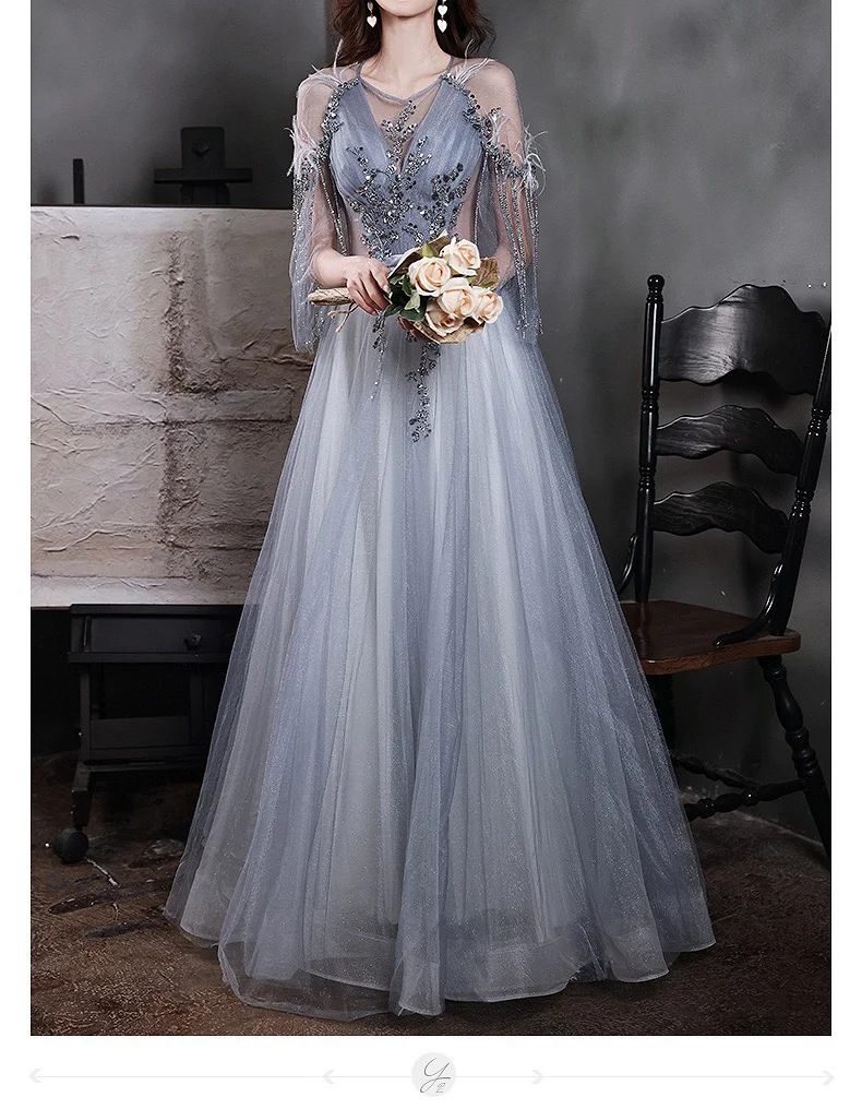 

2022 Elegant Lake Blue Prom Dresses Scoop A-Line Tulle Sequined Perspective Tassel Sleeves Formal Banquet Party Evening Gowns