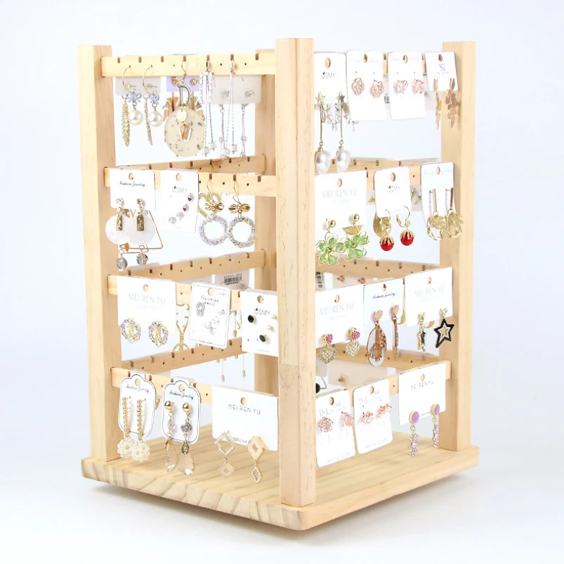 Rotating Wooden Earring Holder Display Stand Necklace Jewelry Organizer Tray Showcase Stand Storage Box 4 Layers