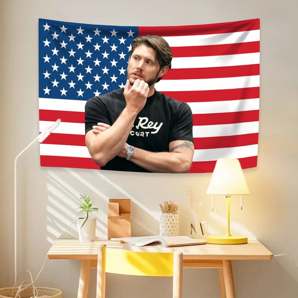 Jensen Tapestry Ackles American Flag Famous Actor Home Decor Wall Hanging Covering Bedroom Dorm Backdrop Outdoor Decor Fans Gift tapestry decorations