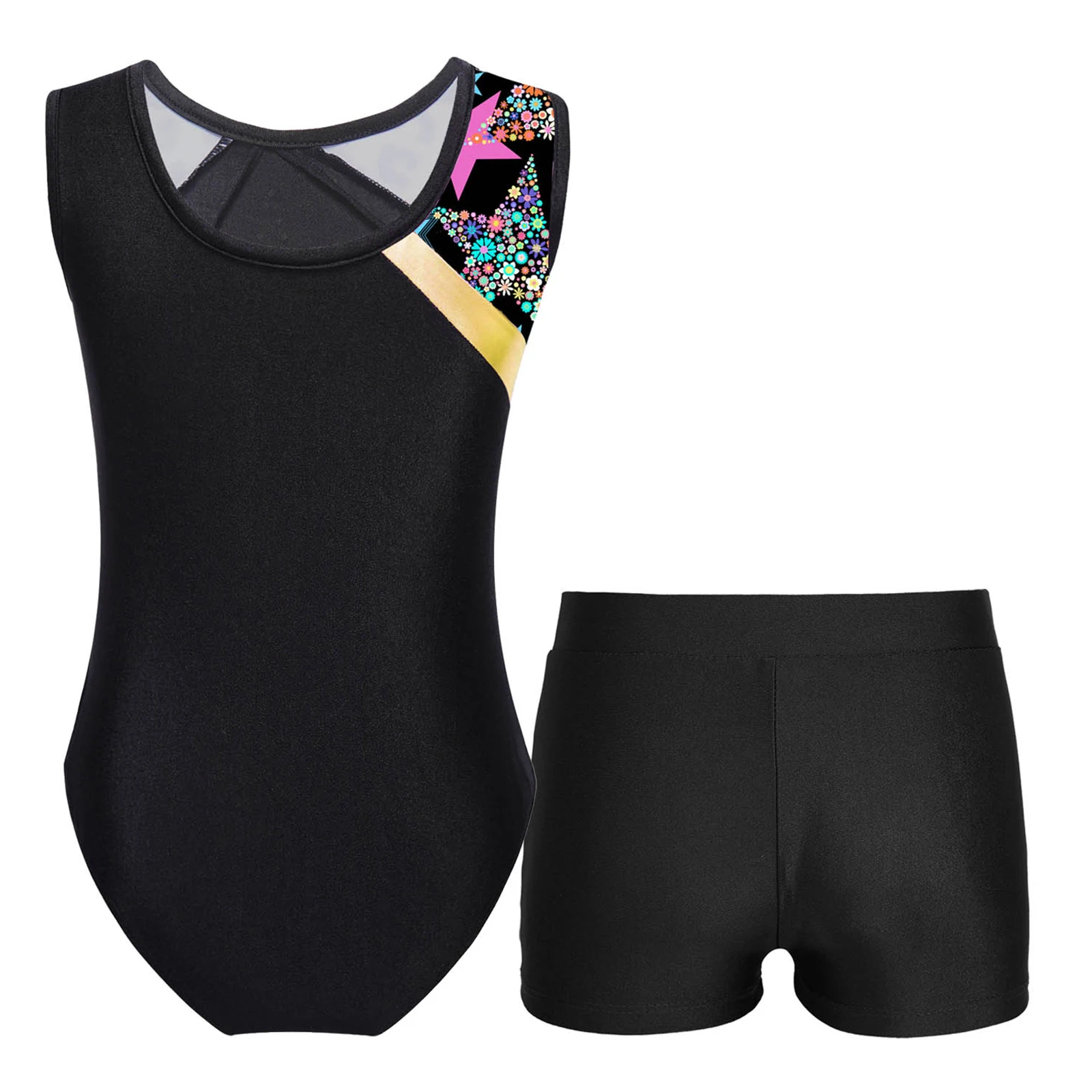 Kids Girls Sleeveless Patchwork Print Gymnastics Leotard with Shorts Workout Skating Jumpsuit Dancewear Ballet Training Costume