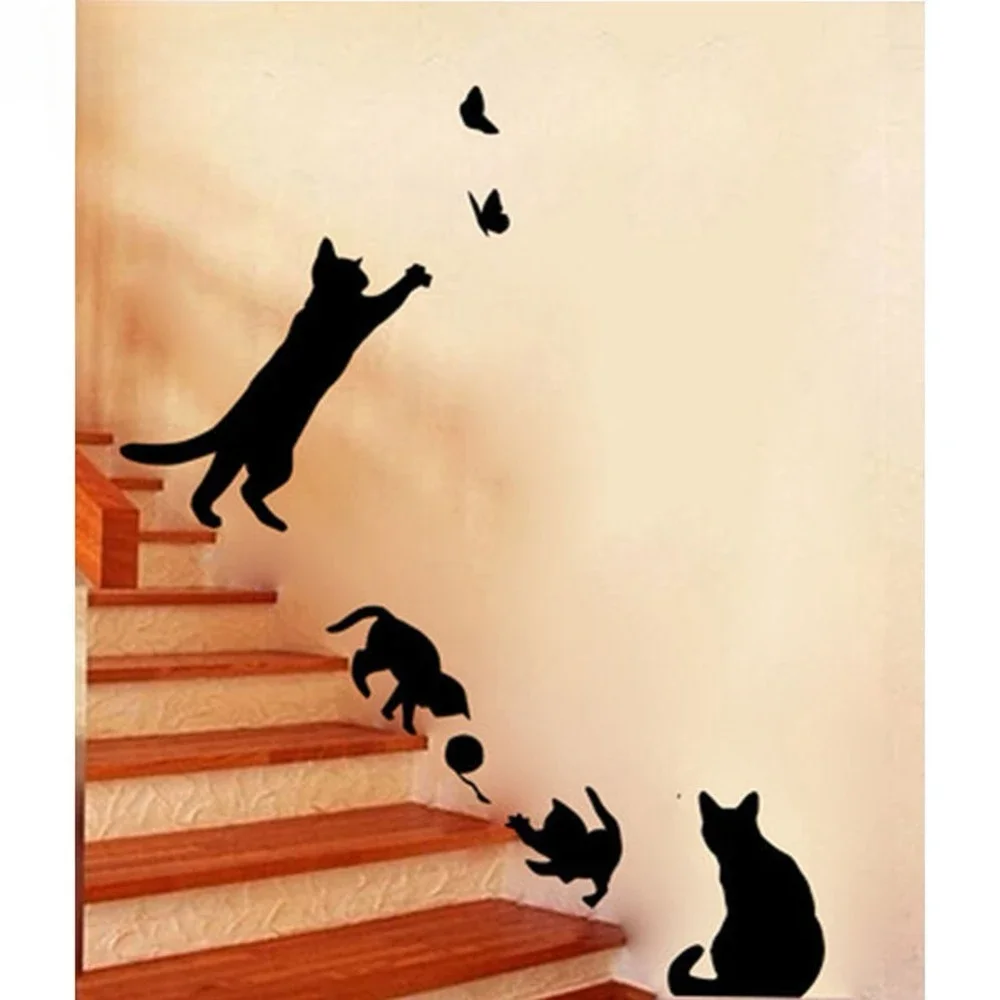 Description Picture 3 of itemCartoon Black Naughty Kitten Wall Sticker For Kids Room Bedroom Stairs Home Decoration Vinyl Wall Decals Cute Cats DIY Art Mural