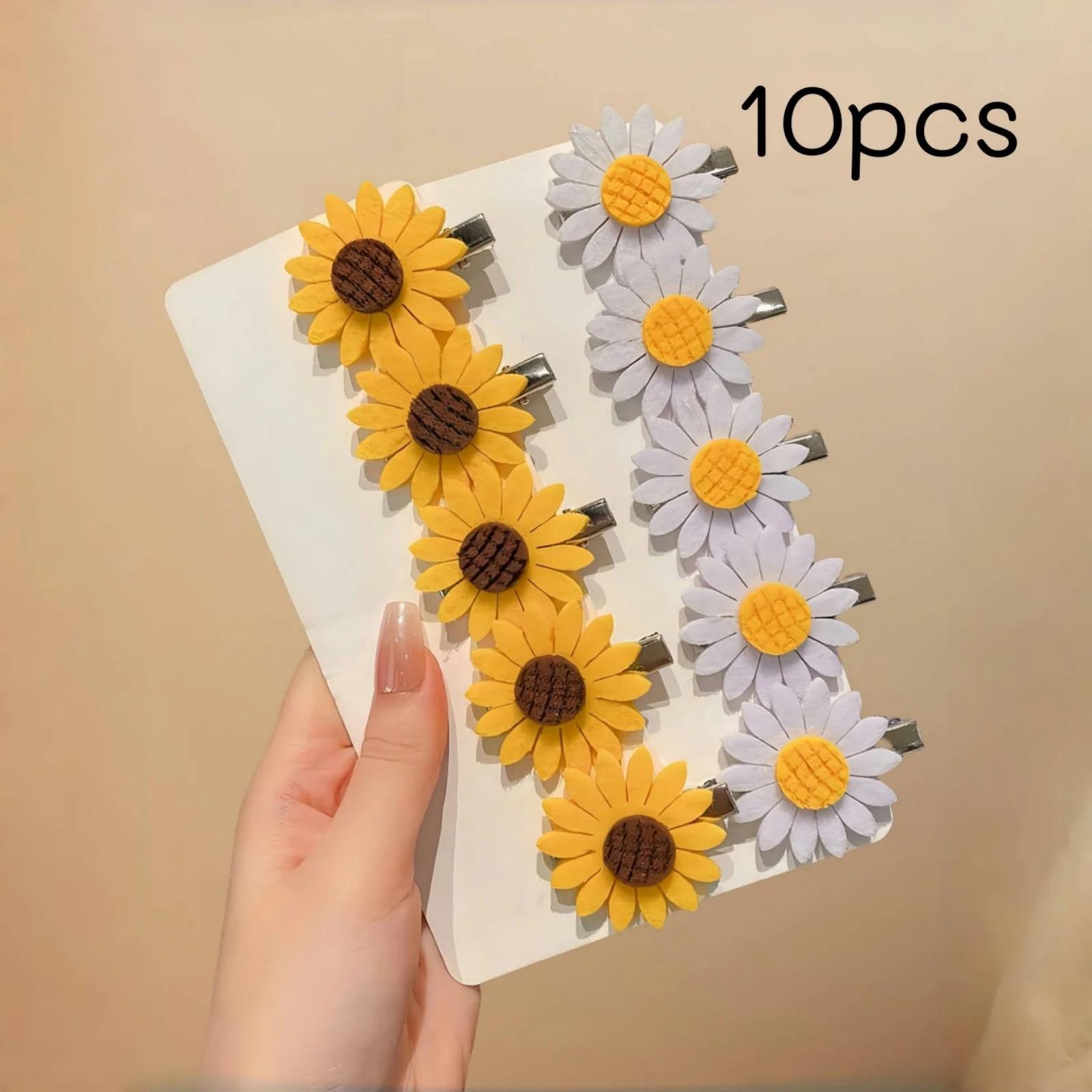 10/20 Stück Sonnenblumen-Haarspangen – stilvolle und vielseitige Entenschnabel-Clips mit seitlichem Pony, Sonnenblumen-Haar-Accessoire aus Vliesstoff für Kinder – Detail 1