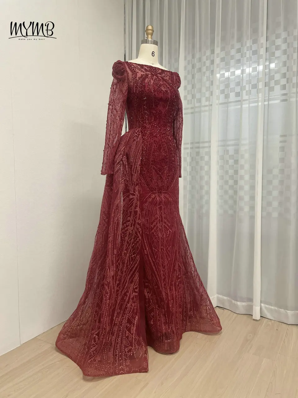 MYMB Wein Elegantes Kleid für die Brautmutter mit langen Ärmeln und Perlenstickerei, arabisches, wunderschönes Meerjungfrau-Abendkleid für die Hochzeitsfeier – Detail 11