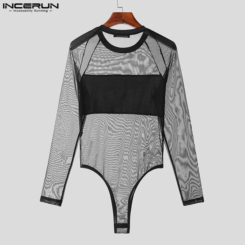Men Bodysuits Men Bodysuits Mesh Patchwork O-neck Long Sleeve Sexy Rompers Male T Shirts Fitness Transparent Fashion Bodysuit INCERUN