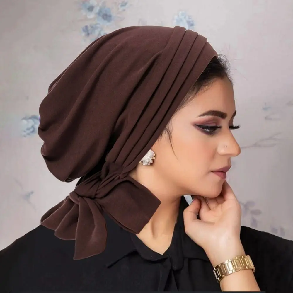 

Solid Color Muslim Women Hijab Bonnet Ruffle Pleated Underscarf Turban Chemo Cap Suede Surface Pre-Tied