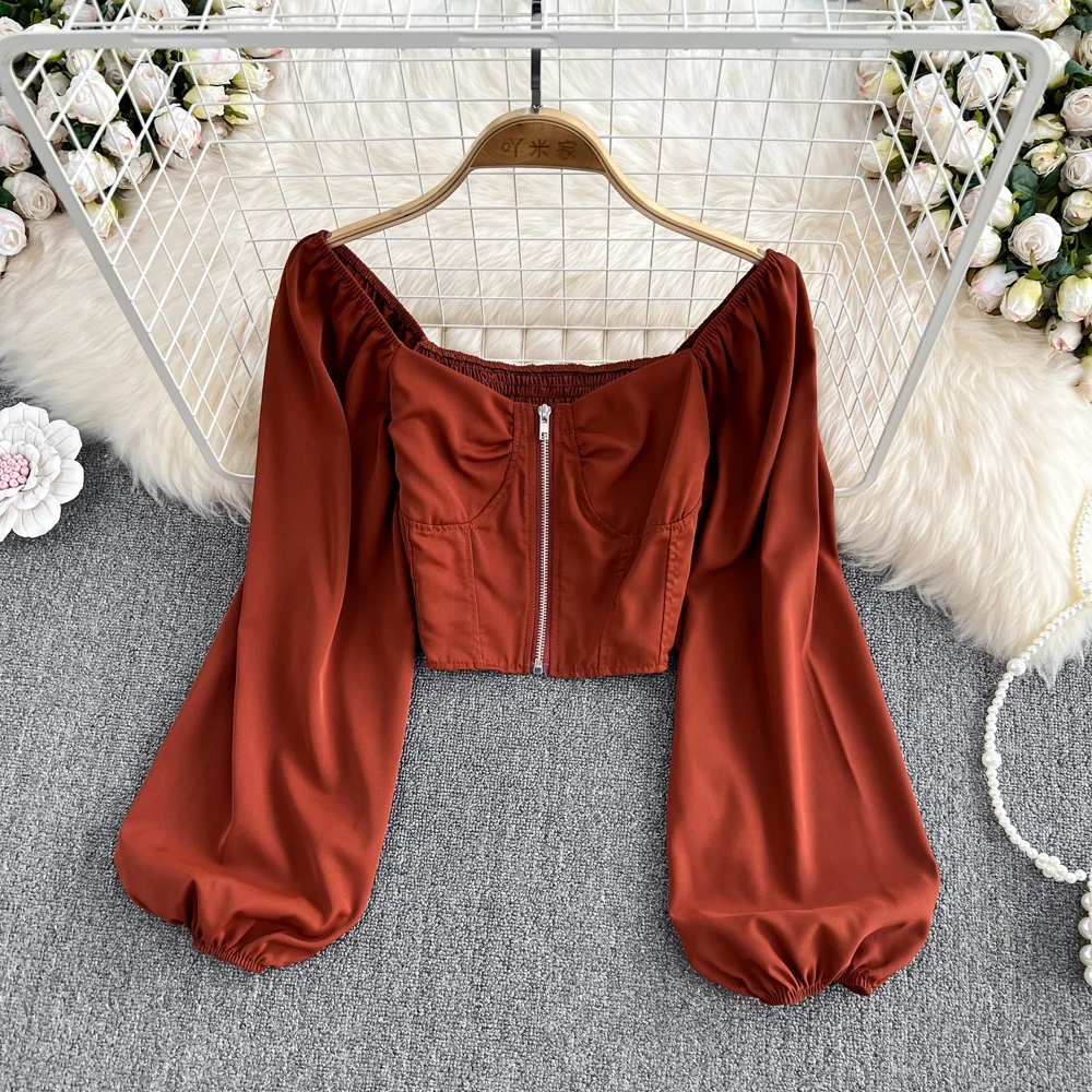 

Retro Puff Long Sleeve Zipper Square Neck Blouse Slim Sexy Shirt Women Gothic Streetwear Pleated Fashion Crop Top