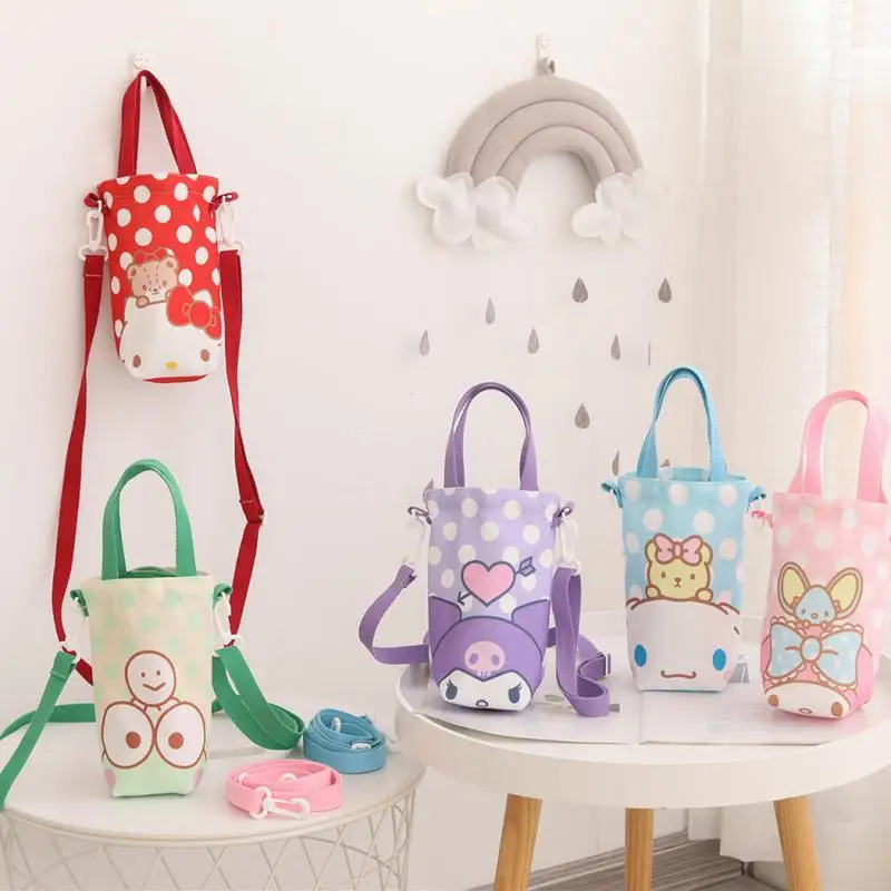 Sanrio Canvas Water Bottle Bag Cartoon Kt Cat Kuromi Cinnamoroll My Melody Anime Kawaii Portable Thermos Cup Sets Storage Bags