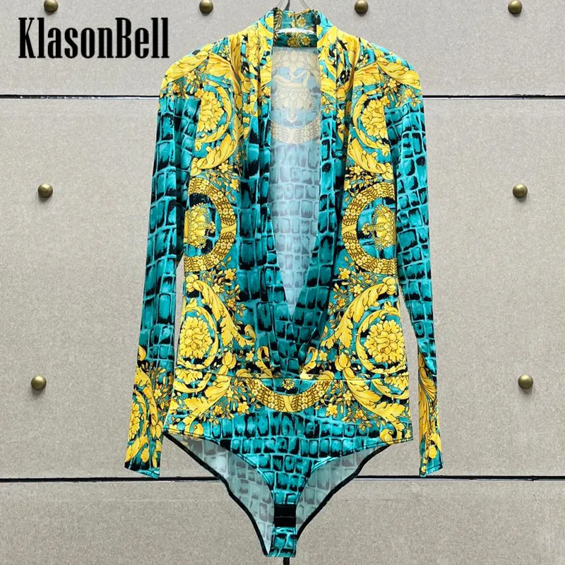 

10.18 KlasonBell-Women's New Fashion Gold Print Crocodile Pattern Sexy Deep V-Neck Long Sleeve Bodysuit