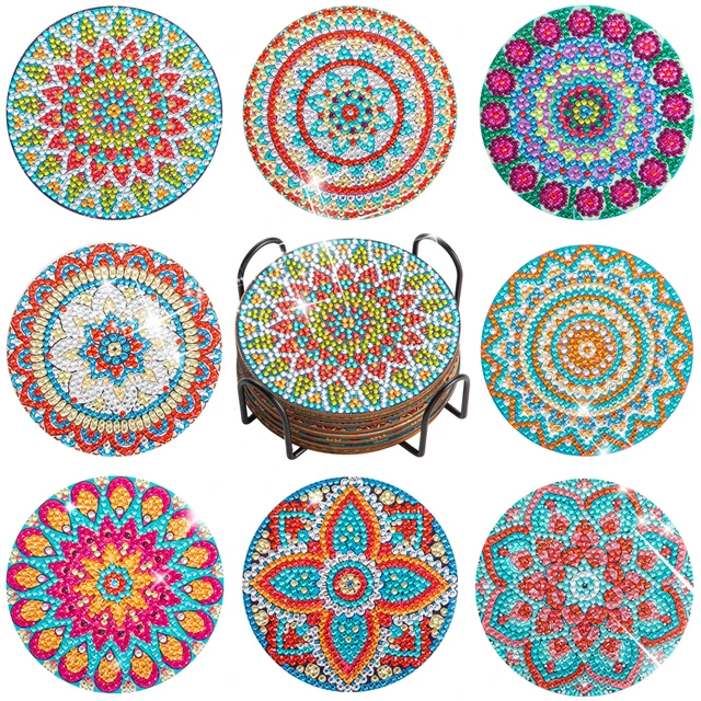 8 pièce/ensembles Mandala diamant peinture sous-verres bricolage diamant Art sous-verres 5D perceuse complète diamant sous-verres acrylique tasse ronde 5