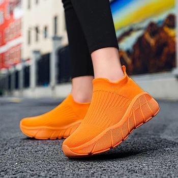 Fashion Platform Sports Shoes Men Orange High Top Knit Casual Sneakers Women Lightweight Breathable Slip-on Men's Running Shoes - Image 3