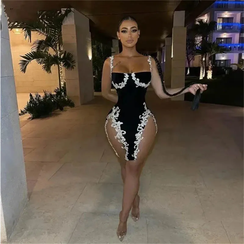 

Fashion Sexy Black Velvet Short Prom Party Dresses With Sexy Sequin Applique Knee Birthday Cocktail Gowns Prom Dresses