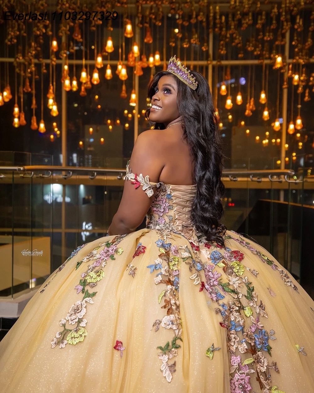 EVLAST Gold Floral Quinceanera Dress Ball Gown Colorful Applique Beading Corset Sweet 16 Vestido De 15 Anos QD1170