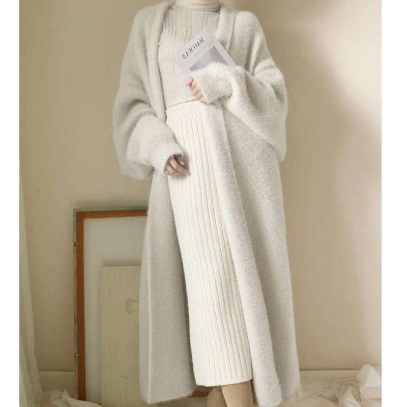 white Long Cardigan for women winter clothes Knitted fluffy long sleeve Cashmere sweater coat clotkorean style warm vintage 5