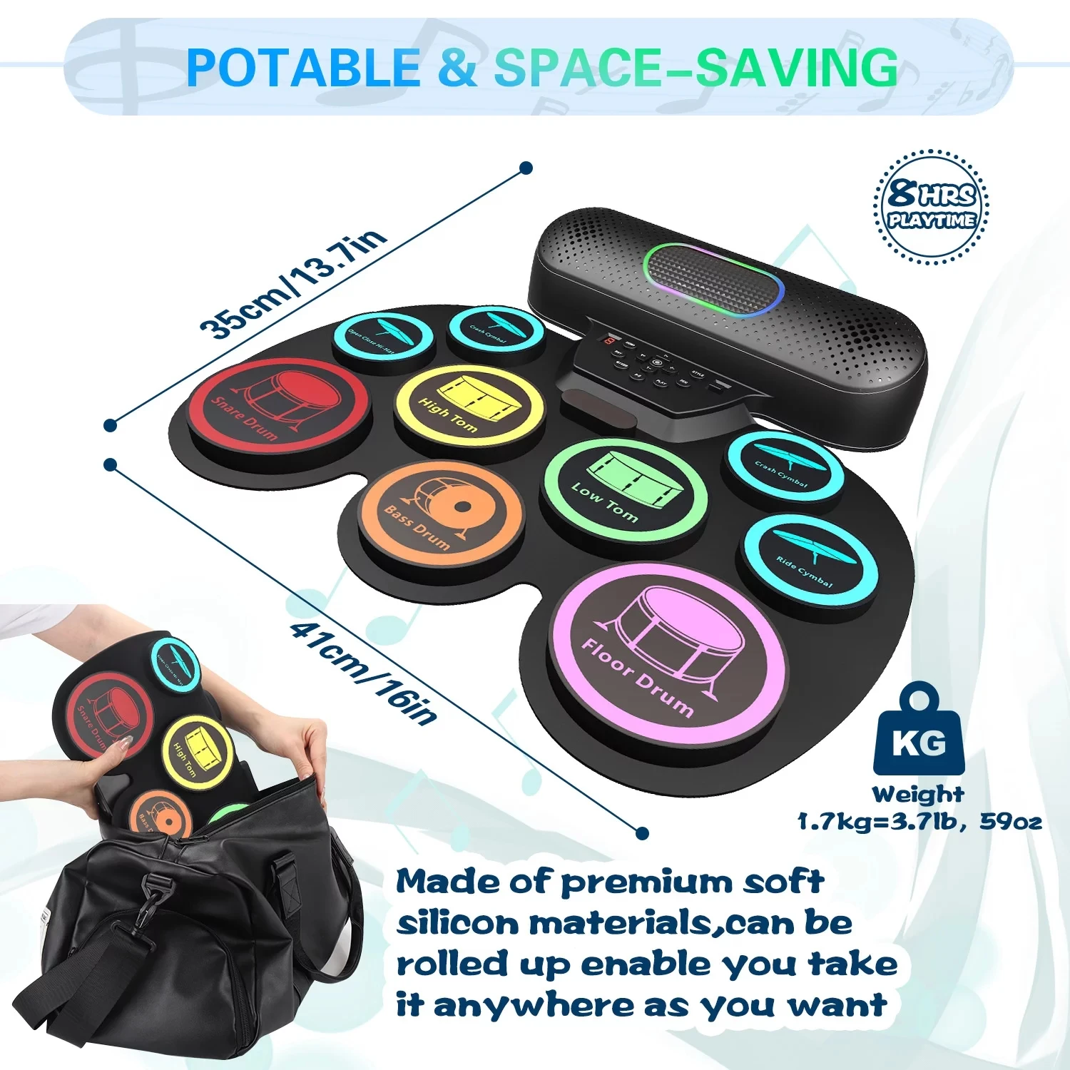 Electronic Drum Set for Kids Adults 9 Pads Portable MIDI Roll-up Drum Kit Dual Speakers/Headset Jack/Drumsticks/Foot Pedals