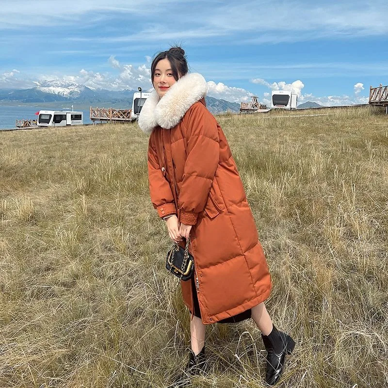 2023 New Women Down Cotton Coat Winter Jacket Female Mid Length Version Parkas Thick Warm Outwear Hooded Fur Collar Overcoat