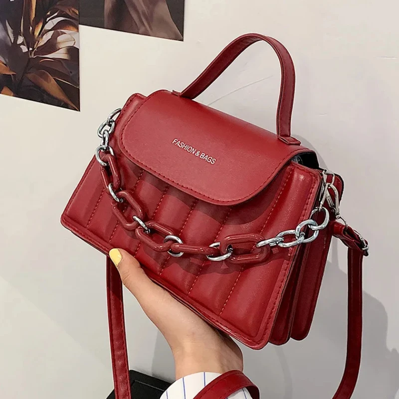 New Chains Shoulder Bag Women Solid Color Crossbody Bag Designer Ladies Messenger PU Leather Handbag Luxury Top-handle Bag
