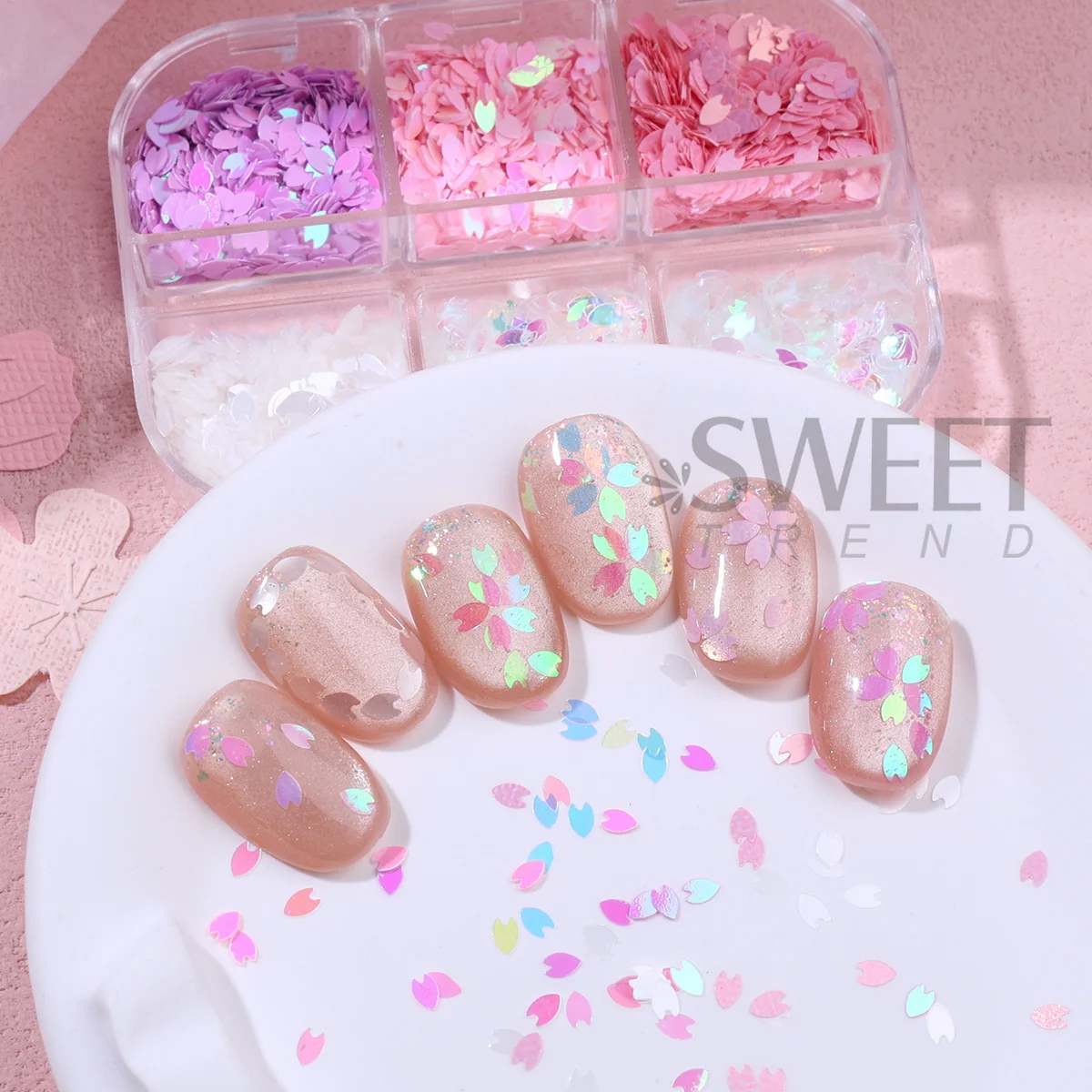 6 Grids Spring Romantic Cherry Blossom Nail Art Sequin Holographic Pink Sakura Petal Shape Sparkly Slices Mermaid Manicure Decor