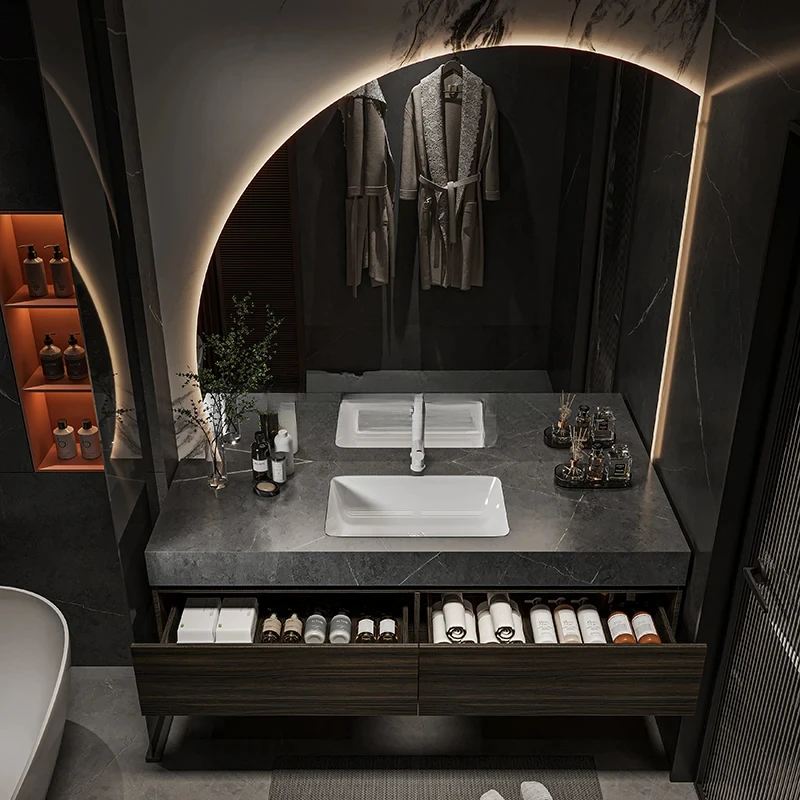 Light luxury rock slab bathroom cabinet seamless ceramic integrated basin washbasin cabinet combination