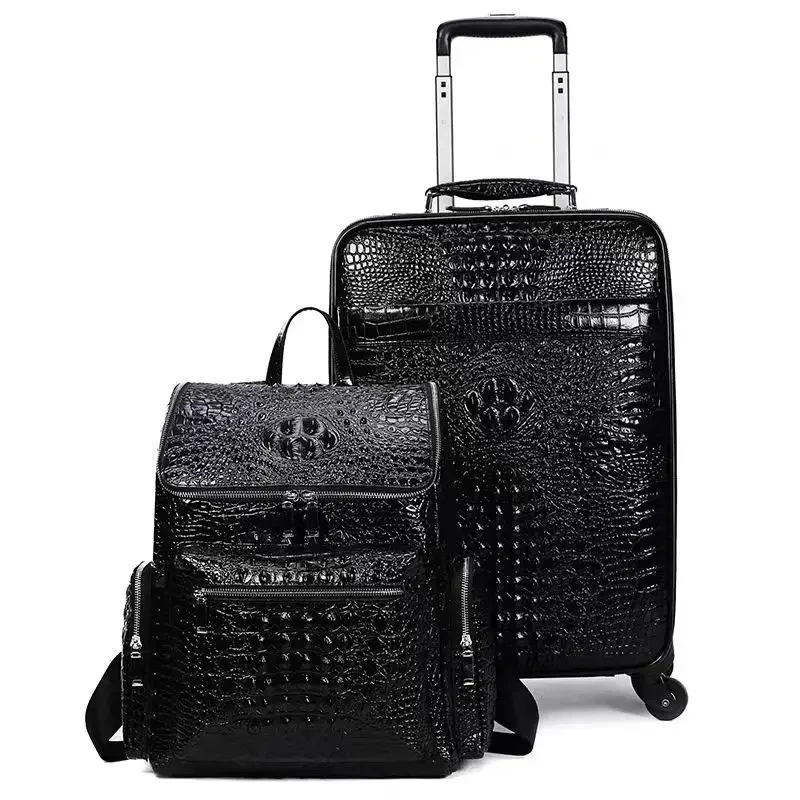 

Leather Alligator Print Suitcase Men Head Layer Cowhide Bag Rolling Luggage Set Travel Bag Cabin Suitcases 20 inch Trolley Case