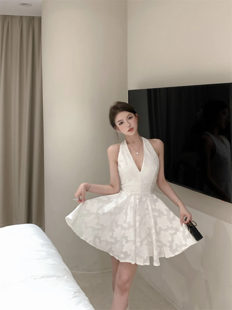 Y2K Halter Backless Short Dresses for Women V-neck Jacquard Sleeveless A-line Birthday Party Dress Prom Mini Vestidos Mujer New
