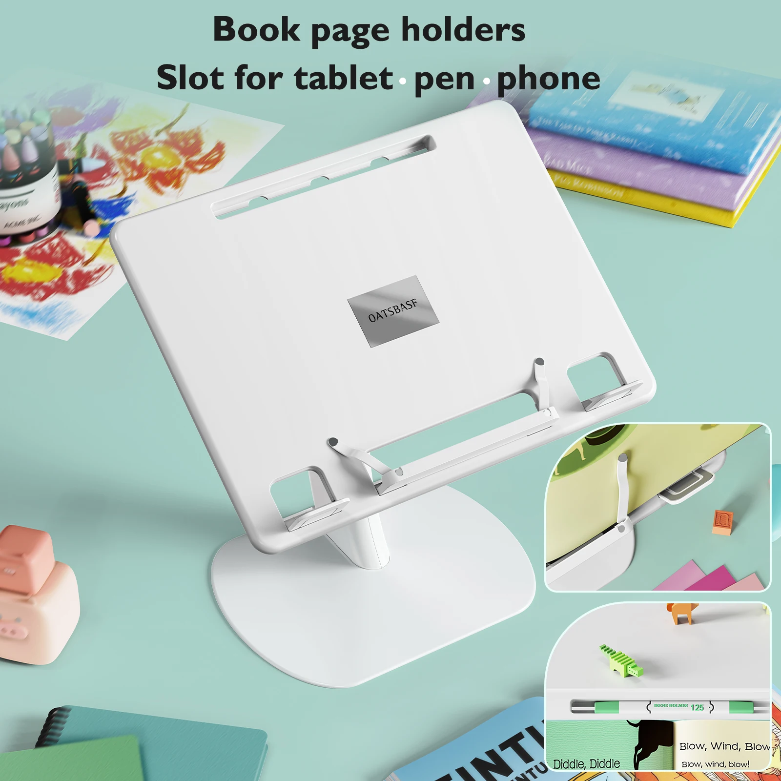 Eary Book Stand for Reading Laptop Holder with Stable Base Elastic Page Paper Clips Display Stand for Cookbooks Magazines Tablet