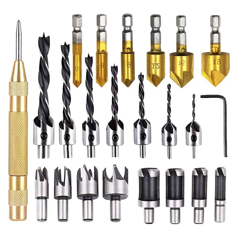 

23-Pack Woodworking Chamfer Drilling Tool Set Wood Plug Cutter Three-Pointed Countersink Drill Bit Woodworking Chamfering Device