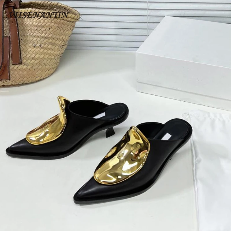 

Genuine Leather Metal Decoration Women Half Slippers Pointed Toe Kitten Heel Slip on Mules Shoes 2024 Spring Summer Party Slides