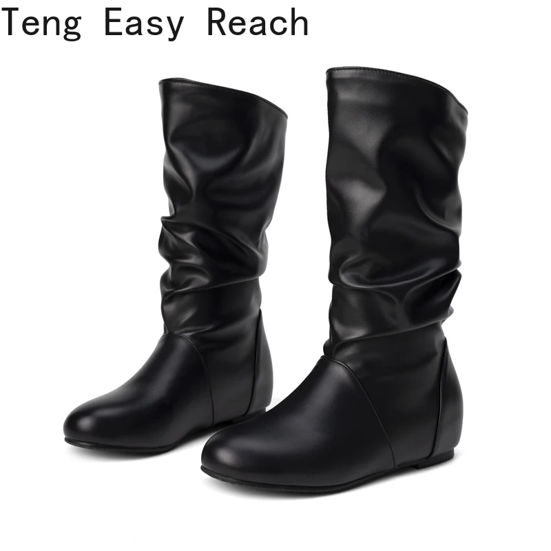 Autumn Winter Women's White Pleated Ankle Boots Fashion Women's Round Toe Wedge Short Boots Women's Black New Plus Size 33-48