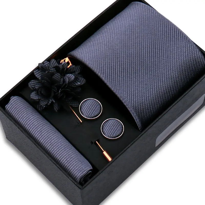 Top Quality Solid color Ties Hanky Cufflinks Brooch Set Elegant Jacquard Necktie For Men Business Wedding In Gift Box Gravatas - Image 15