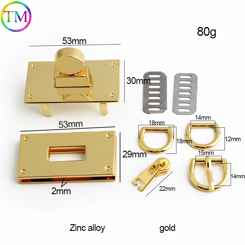 3-10-15sets Sliver Gold Chrome Durable Rectangle Handbag Metal Lock For Woman Handbag With Eyelets Key Lock Purse Accessories