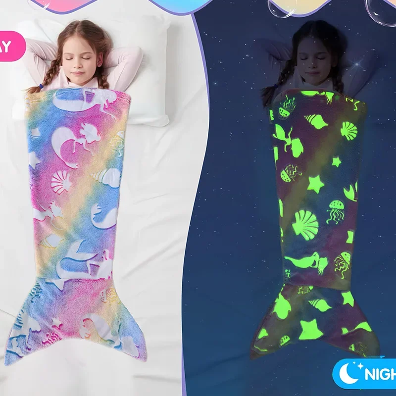 Night Light Mermaid Blanket Children's Sleeping and Nap Blanket Flannel Warm Foot Cover Children's Sleeping Bag Kids Pajamas