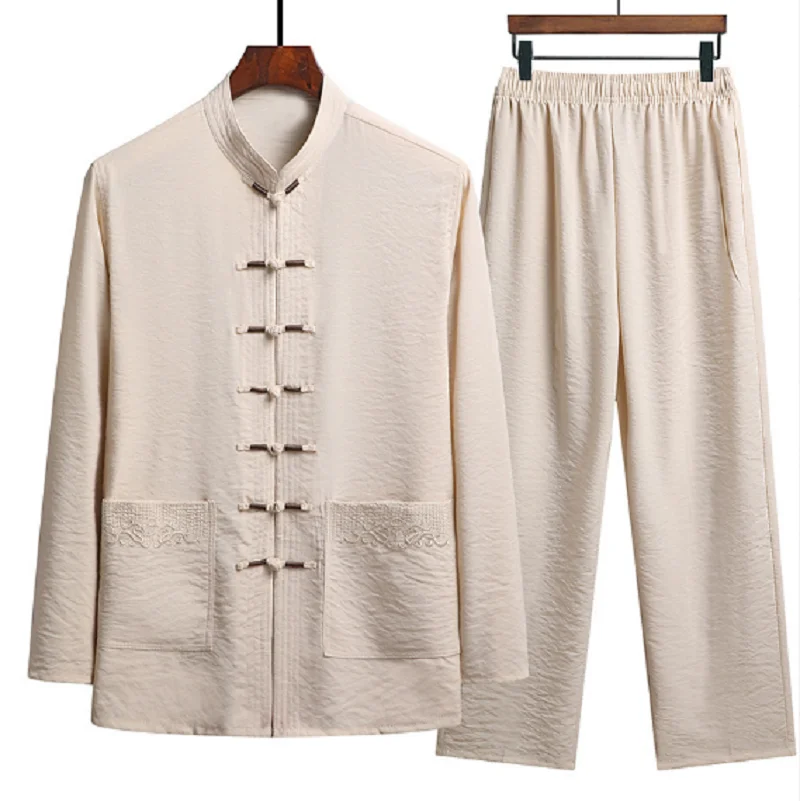 Chinese Tradition Kung Fu Set Men Casual Comfort Long Sleeve Pajamas Spring Autumn Vintage Menswear Tang Suit M-XXXXL