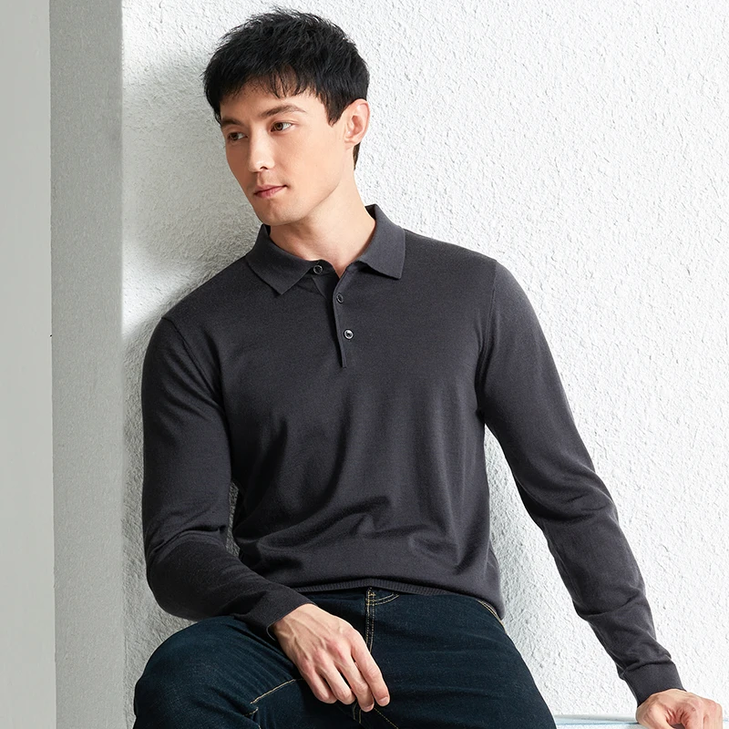Top Grade 100% Worsted Wool Polo Shirt Men\'s Thin Merino Wool Knit Clothes Casual Turn Down Collar Knitwear Jumper Long Sleeved