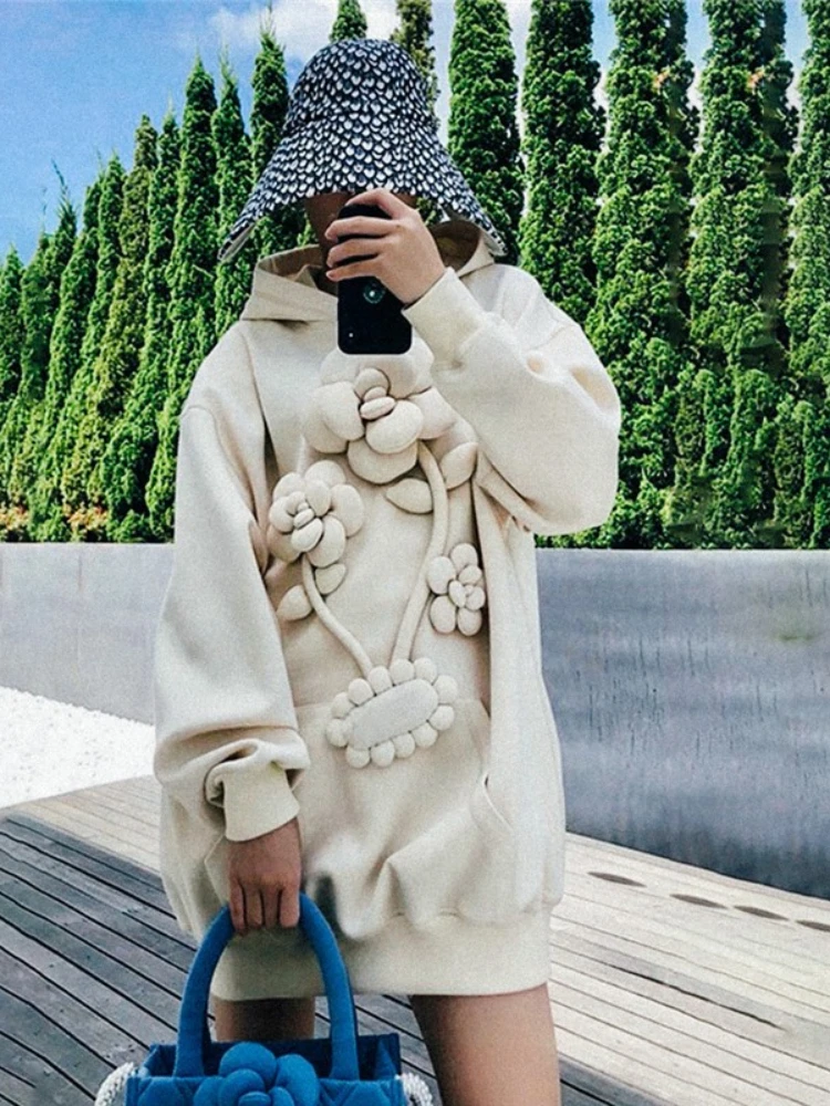 

2022 Autumn New Loose Casual Niche Hoodie Flower Mid-length Pullover Hooded Sweater Thickened Women's Tide