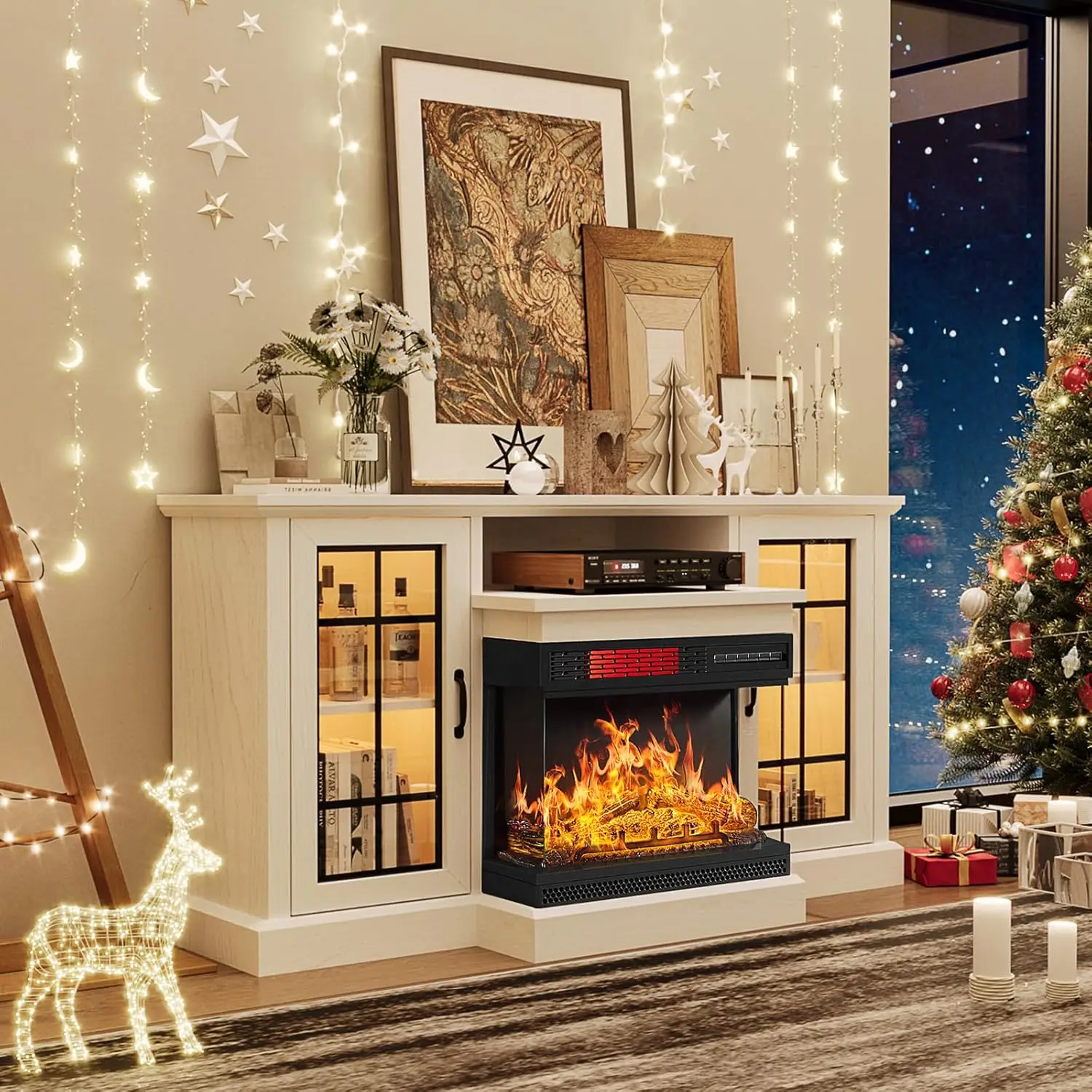 59" Fireplace TV Stand 3 Sided Glass Media Entertainment Center Console Table TVs up to 65" Glass Door Adjustable