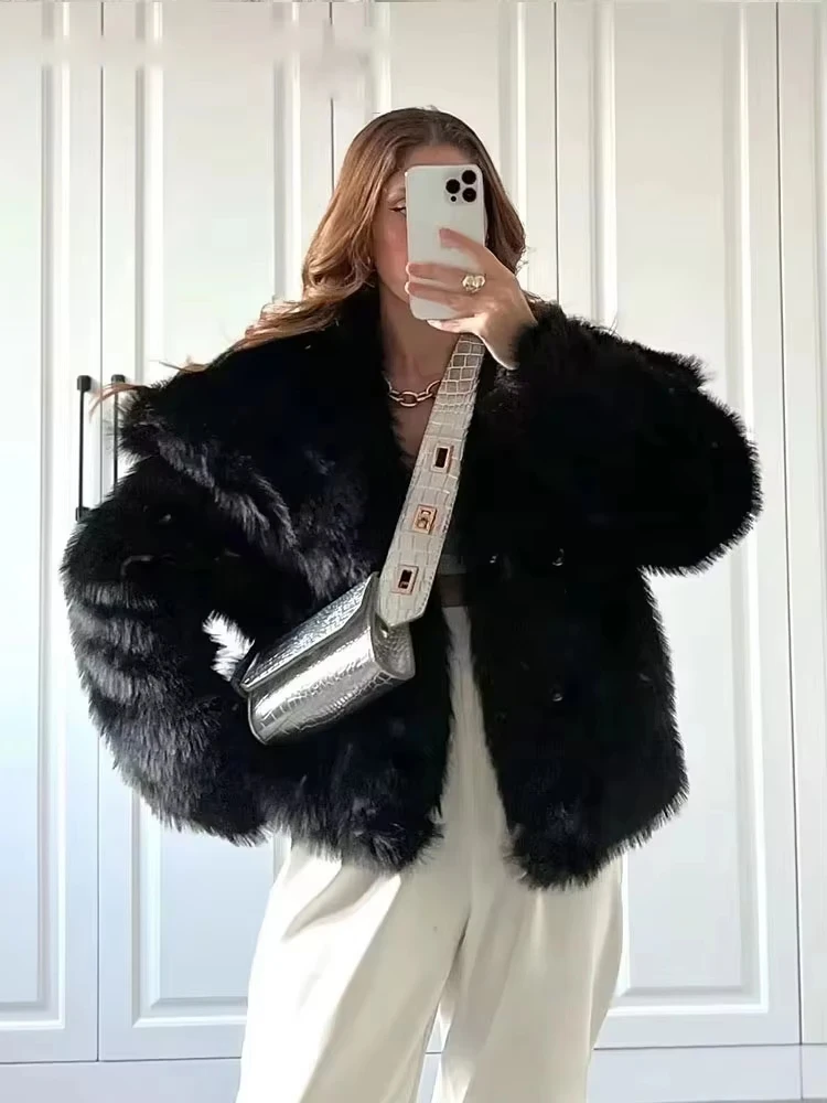 HH Women Fashion Faux Fur Jacket Vintage Turn-Down Collar Long Sleeve Coat Autumn Winter Woman Elegant Streetwear