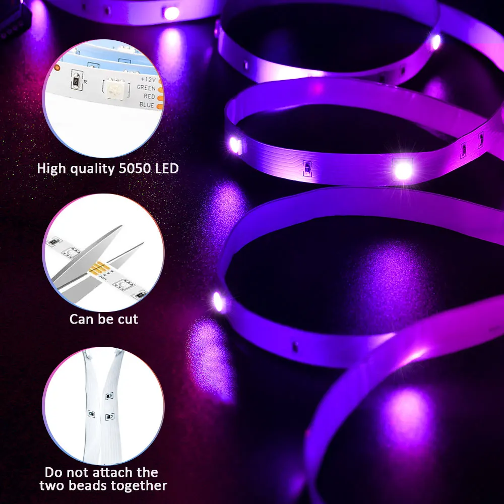 (EU Plug) LED Strip Light RGB 5050 Music Sync Color Changing  Sensitive Built-in Mic, App LED Lights DC12V Flexible 6