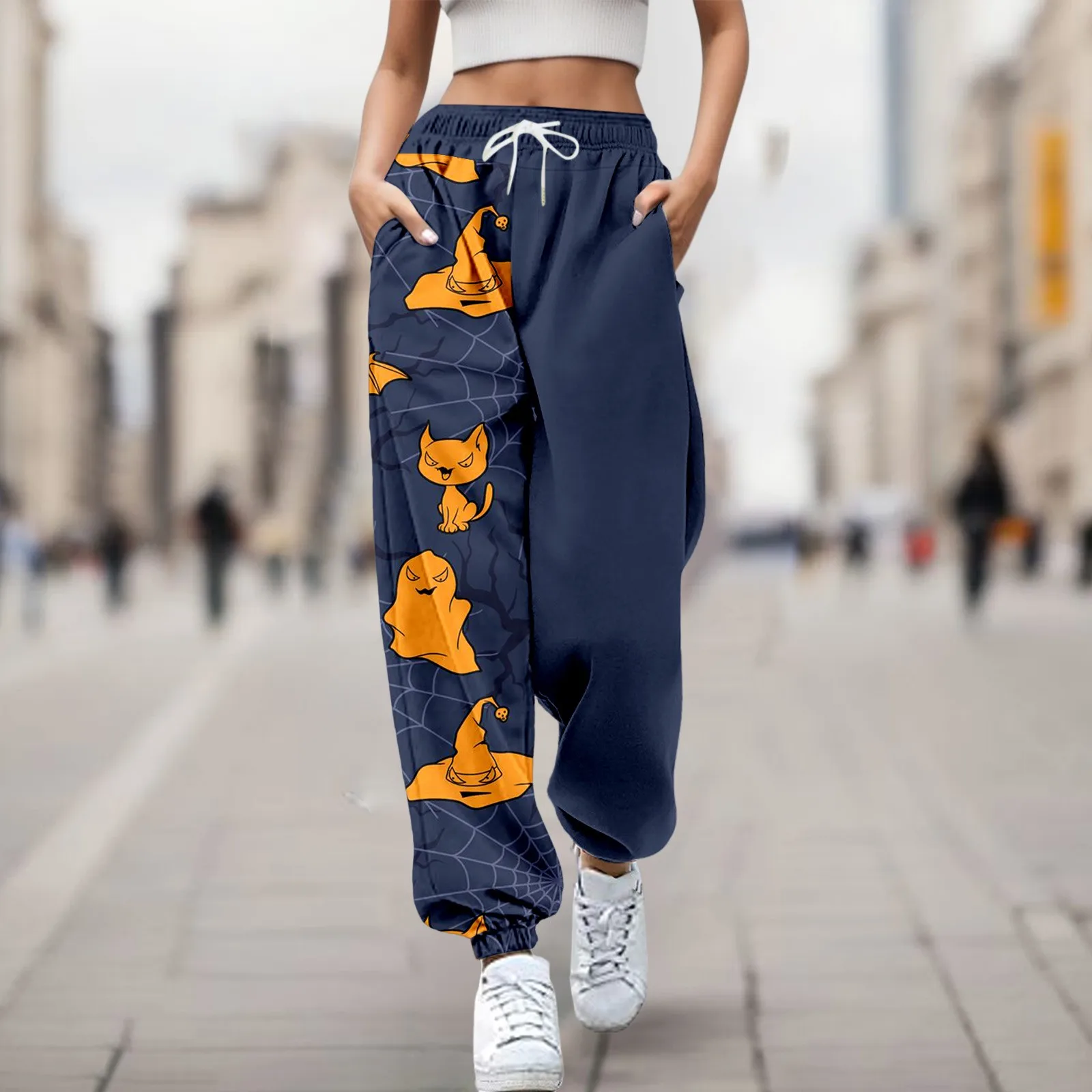 Women Oversize Halloween Pants 2023 Witch Print Elastic Waist Loose Straight Pants Female Ankle-Length Ghost Cat Trousers loose ankle length straight leg jeans women elastic high waist baggy trousers blue summer thin denim pants oversize 4xl vaqueros