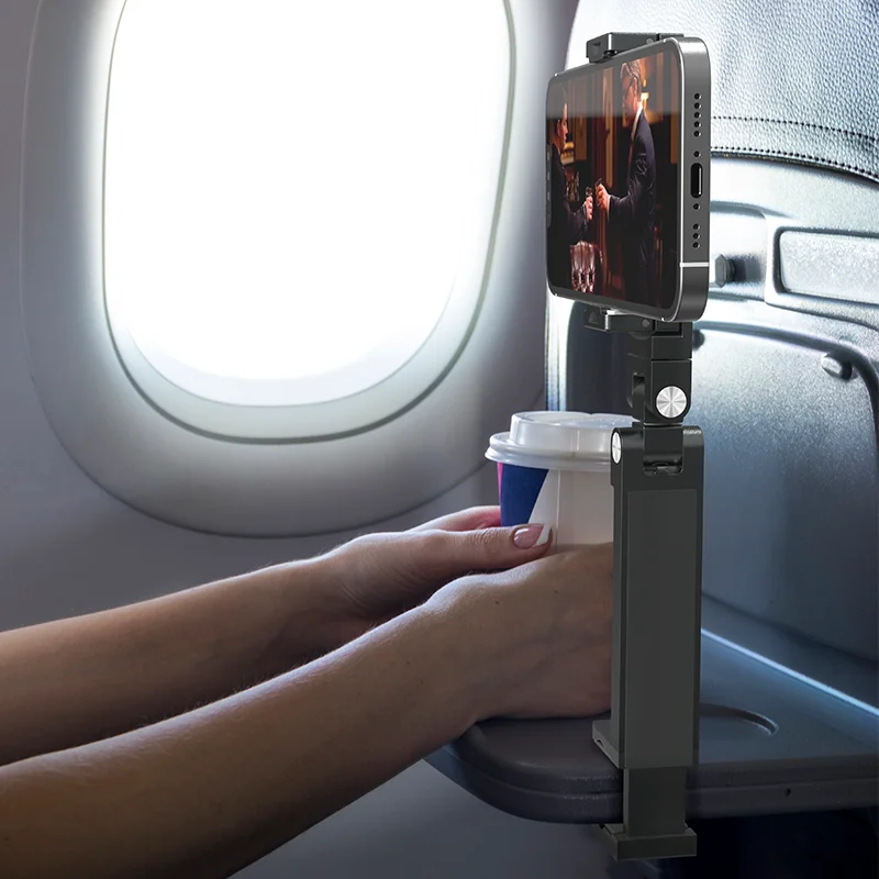 Airplane Phone Holder Adjustable Magnetic Phone Stand for Travel Selfie Rotating Desk Clamp Portable Foldable Universal Mount