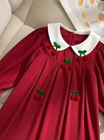 Robe unie pour filles avec col Peter Pan contrastant et décoration cerise, jupe trapèze douce et ample pour les fêtes quotidiennes 5