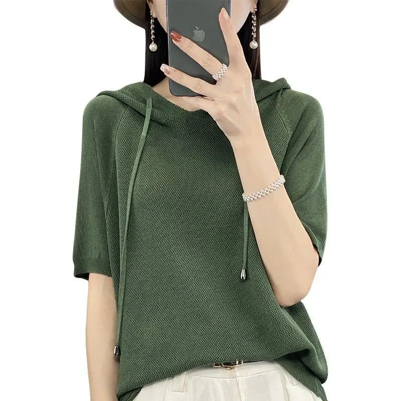 

Women's Summer Korean New Hooded Pullover Knitwear Commuter Fashion T-shirt Simple Breathable Loose Versatile Short Sleeved Tops