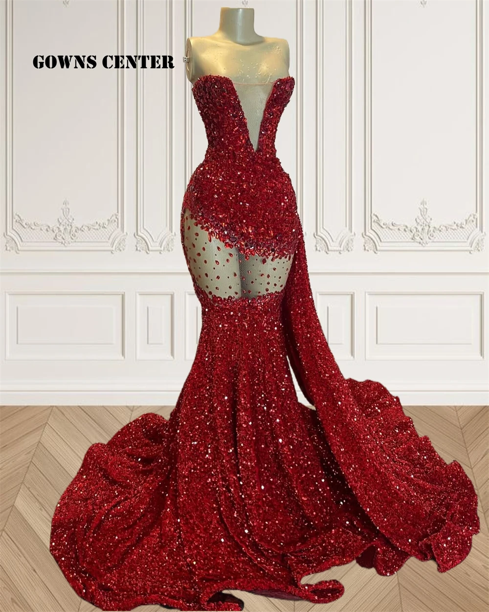 

Junior Red Velvet Sequin Rhinestones Long Prom Dress 2024 Blackgirls Afican Elegant Dress For Wedding Party Evening robe de gala