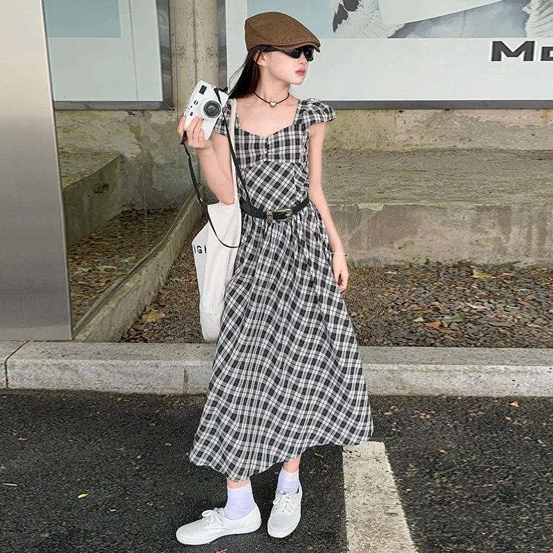 

Длинное стройнящее платье в клетку для девушек на лето 2024, новое романтичное платье во французском стиле